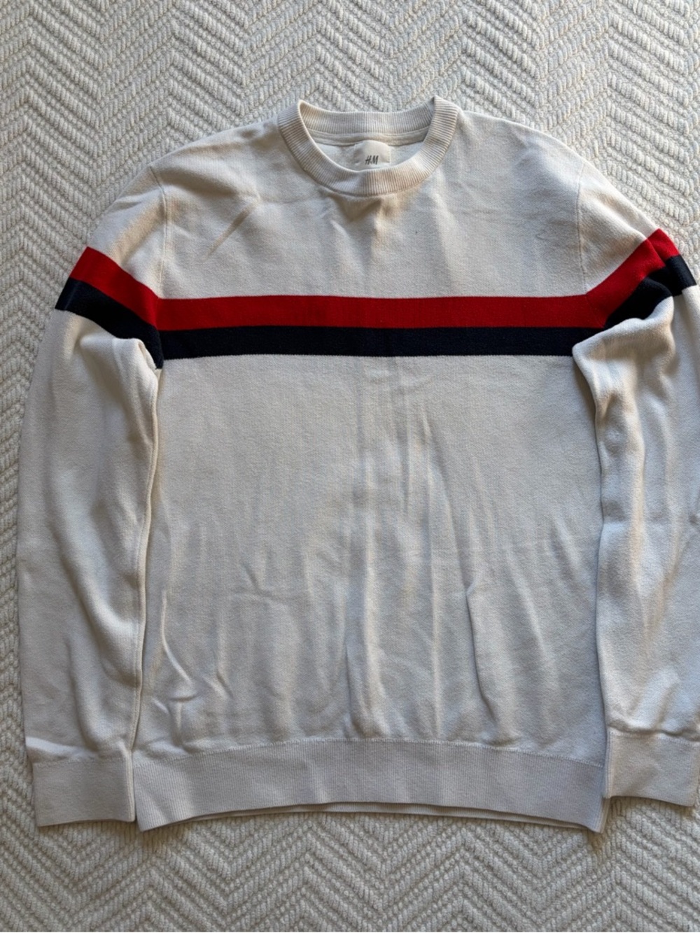 🤍 White Crewneck Sweater with Red & Navy Stripes